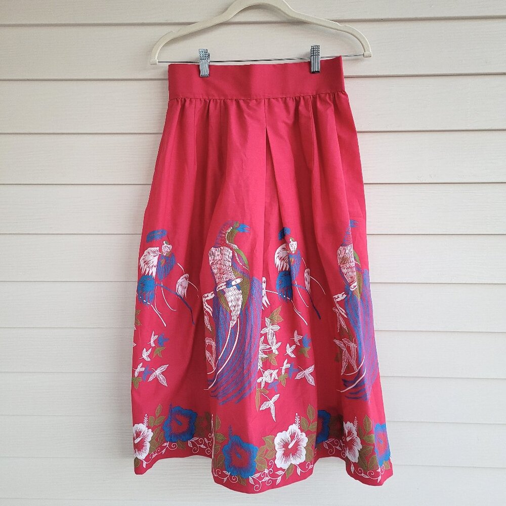 Vintage pink cotton blend skirt with a floral bird painted scene